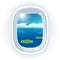 Realistic aircraft porthole (window) with blue sea or ocean in it and small tropical islands.