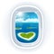 Realistic aircraft porthole (window) with blue sea or ocean in it and small tropical islands.