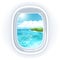 Realistic aircraft porthole (window) with bright sea or ocean in it and tropical island.