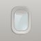 Realistic airplane window with blue sky view, grey aircraft interior panel