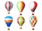 Realistic airship. 3d isolated hot air balloons with baskets, multicolor sky transport, inflatable fly aerial objects