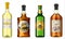 Realistic alcohol drinks in a bottle with different vintage labels. Wine whiskey beer rum. Vector illustration.