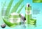 Realistic Aloe vera cosmetics products, bottle with tonic and cream