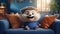 Realistic Animated Hedgehog On Blue Couch: Photorealistic Rendering And Character Caricatures