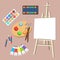 Realistic art supplies, set art materials. Artist Accessories. Easel, canvas, tablet, pastel, paint in tubes, watercolor
