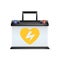 Realistic automobile battery. Promotion discount sale mock-up. Accumulator voltage advertisement. Heart a symbol of high voltage