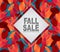 Realistic autumn red and orange leaves over blue background. Fall sale banner with scribble typography text.