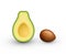Realistic avocado for healthy eating. Cut in half avocado with pit. Raster 3D illustration on white background.