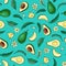 Realistic avocado.Seamless pattern.Summer exotic food.Cartoon Whole,half fruit