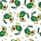 Realistic avocado.Seamless pattern.Summer exotic food.Cartoon Whole,half fruit with leaf,flower