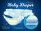 Realistic baby diapers poster. Multi layer leak protection, absorbent diaper for newborns and toddlers, kids body care