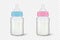 Realistic baby mother breast milk in two baby milk bottles for boy - blue - and girl - pink - icon set closeup isolated