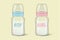 Realistic baby mother breast milk in two baby milk bottles for boy - blue - and girl - pink - icon set closeup. Sterile