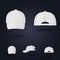 Realistic back front and side view white baseball cap isolated on grey background vector illustration