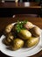 Realistic baked potatoes neutral palette warm lighting.