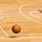 Realistic ball for basketball flies in line of wooden parquet court. World tournament. Sport equipment. Background for design