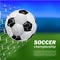 Realistic ball soccer football shot goal at the net gate with blur bokeh field background