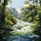 Realistic bamboo in the forest with water flowing fast in a river with a calm atmosphere