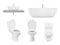 Realistic bathroom collection. Toilet, washing cabinet bowl bathroom sink clean white for fresh washroom basin. Vector