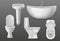 Realistic bathroom objects. White collection bathtub, toilet seat and washbasin with faucet. Bathroom sanitary vector 3d
