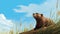 Realistic Beaver Painting With Detailed Grass And Blue Sky