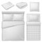 Realistic bedding. Top view bed with white bedding linen, blanket and pillows, soft cotton folded towel, bedroom home