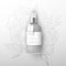 Realistic beige bottle of liquid soap. Flowers peonies background