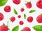 Realistic berries background. Focused and unfocused flying fresh raspberries with leaves, natural falling 3d fruits