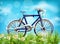 Realistic Bicycle spring background Vector. season green meadow and blue sky. Detailed 3d illustrations