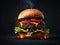 Realistic Big Hamburger dark background ,fire and smokey vibes spicy, Ai generative