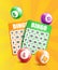 Realistic bingo game concept with balls with numbers and lotto and lottery cards.