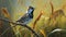 Realistic Bird Painting: Teal And Amber Backlight On Branch In Grass
