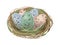 Realistic bird`s nest with blue, pink and green speckled eggs. Quail Easter eggs for holiday celebration design