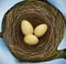 Realistic bird s nest with three eggs, Easter in nature,