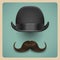 Realistic black bowler hat and brown mustache on retro background.