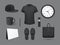 Realistic black corporate merchandise set vector illustration. Branding identity promotional gift