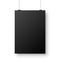 Realistic black hanging blank paper sheet with shadow in A4 format and paper clip, binder on white background. Design