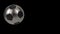 Realistic black and iron soccer ball isolated on black background. 3d looping animation.