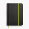 Realistic black notebook with green elastic band. Top view diary template. Closed diary. Vector notepad mockup.