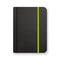 Realistic black notebook with green elastic band. Top view diary template. Vector notepad mockup.