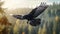 Realistic Black Raven Flying In Forest - Stunning Vray Tracing Image