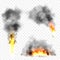 Realistic black smoke clouds and fire. Flame blast, explosion. Stream of smoke from burning objects. Forest fires