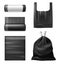 Realistic black trash bags. Kitchen garbage plastic sacks, bag with handles, collapsed and expanded, roll with blank