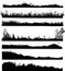 Realistic black and white vector bundle of silhouettes of the ground with grass, flowers, spikelets, trees on it. Hand