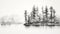 Realistic Black And White Watercolor Sketch Of Pine Trees On A Lake