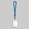 Realistic blank badge on blue lanyard with identification and pass card for name holder.