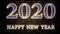 Realistic blinking neon sign 2020 Happy New Year sign on a brick wall. Colorful neon light banner