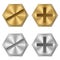 Realistic bolt heads. Golden and silver bolt heads. Gold and metal screw. Metallic hardware elements. Vector illustration