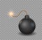 Realistic bomb sphere. Black containers with dynamite and burning wick. Battle equipment for destroy