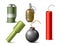 Realistic bombs. Different explosives types, hand grenades with check, dynamite, round classic bomb with fuse, mass